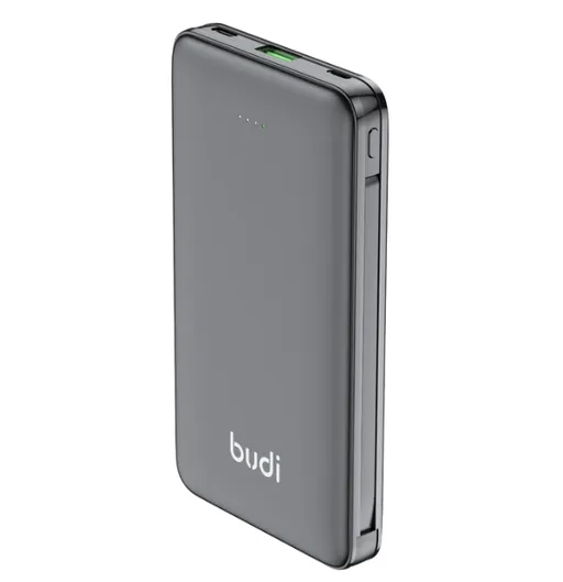 پاوربانک بودی 10000 میلی آمپر 20 وات مدل Budi PB088B دارای یک خروجی USB و دو کابل خروجی USB-C و لایتنینگ با گارانتی ۱۸ ماهه شرکتی (۶ ماه تعویض)